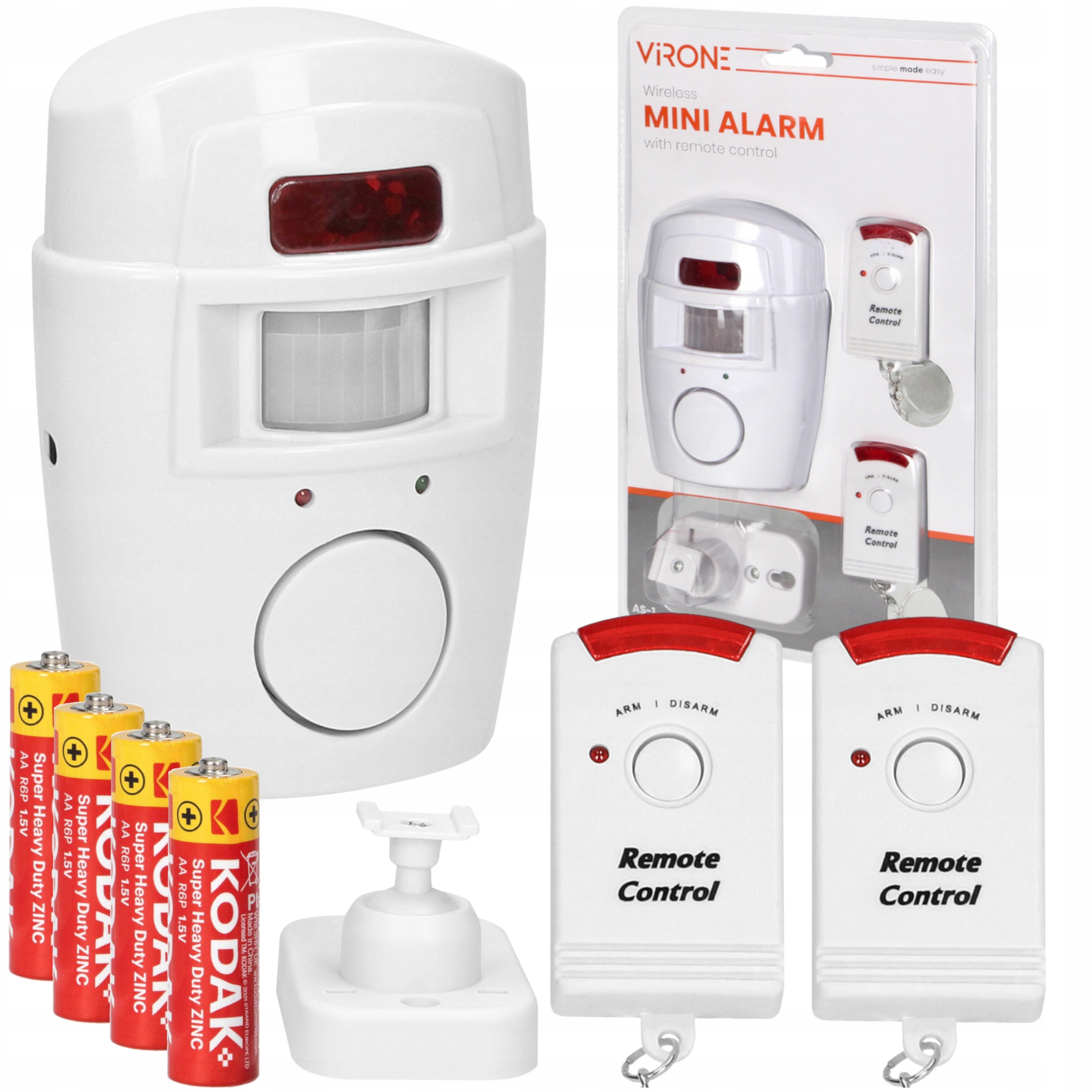 Bezdrôtový alarm Virone AS-1 biely s 2 diaľkovými ovládačmi + 4× Kodak AA zinkovo-uhlíková batéria (R6) 1 ks.